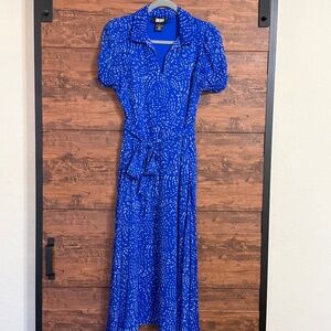Blue and white flowy dress.